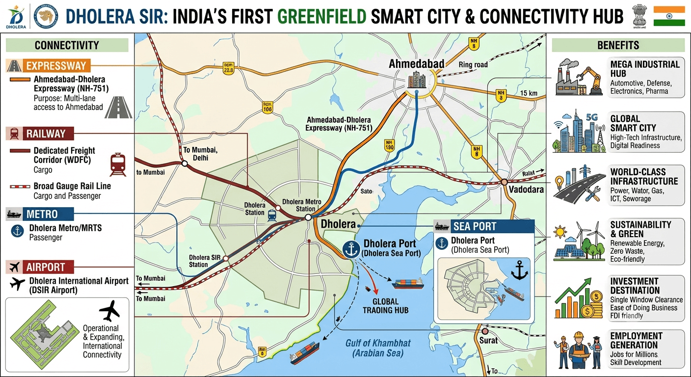 Diagram of Dholera road, rail, airport and port connectivity